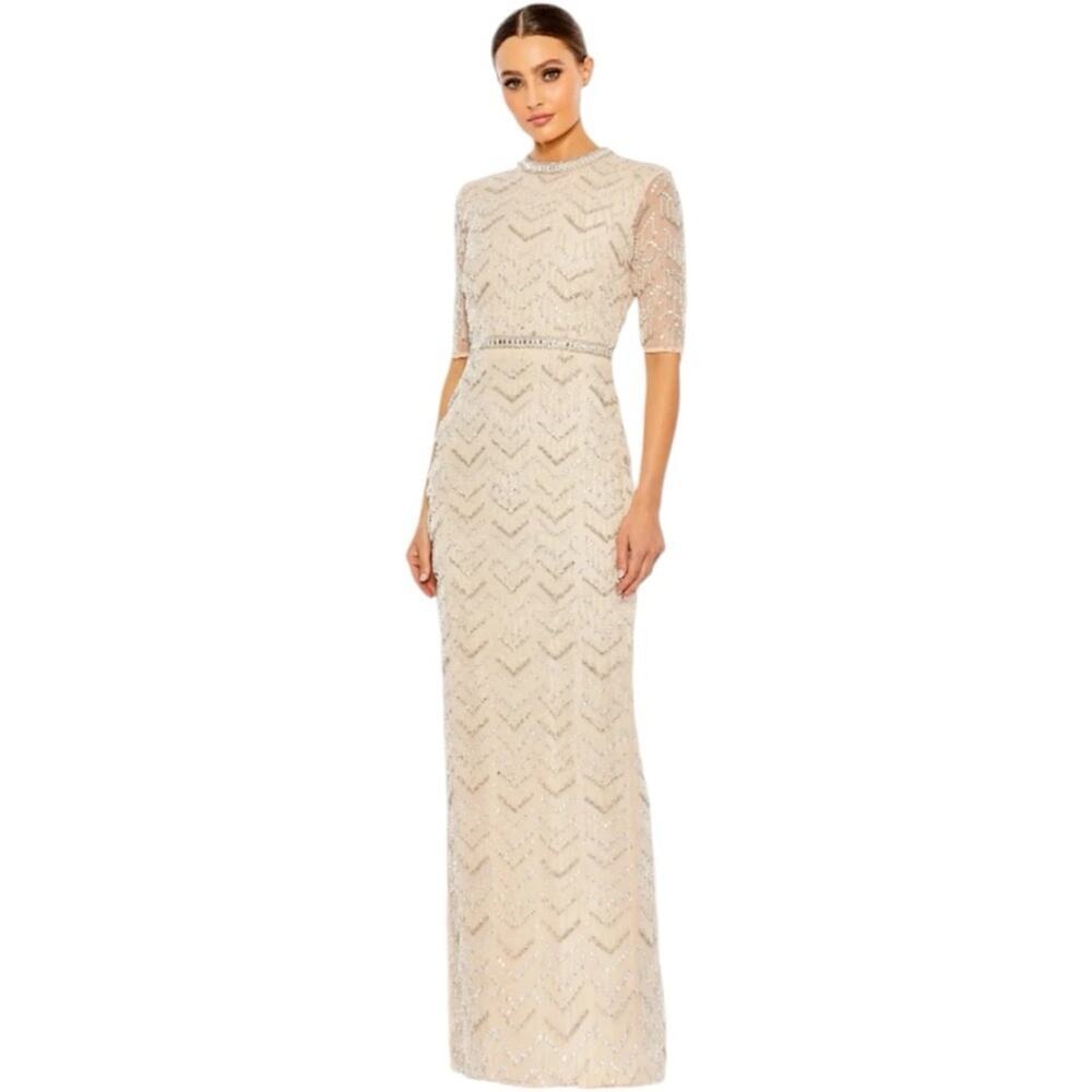 Mac Duggal Beaded Fringe Half Sleeve Column Gown in Nude Size 14 #94071 NWT